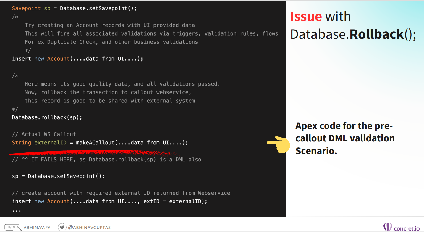 apex code for pre-callout DML validation scenario
